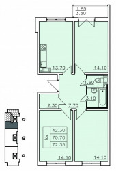 Трёхкомнатная квартира 70 м²